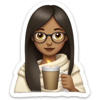 Brunette with straight hair and bangs wearing clear classes and drinking coffee with a book and candle nearby while wrapped in an ivory blanket  sticker