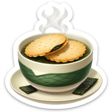 Japanese senbei rice cracker wrapped with sheet of nori seaweed, traditional snack served with green tea sticker