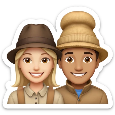 two people with different hats, smiling sticker