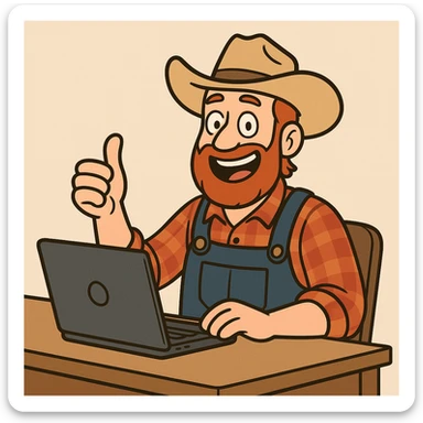 a cheerful farmer at a desk with a laptop, giving a thumbs up, cartoon style sticker