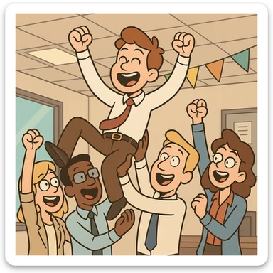 cartoonish scene of a junior sales official in office clothes being lifted up by a group of cheering coworkers, all in office attire, celebrating his achievement as a great worker, joyful and colorful office celebration sticker