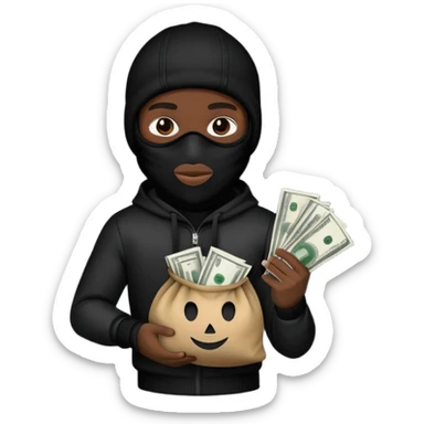 Ski mask holding money bag with black face like skin color black sticker