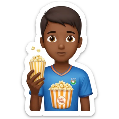 an indian boy wearing indian cricket jersey and eating popcorn sticker