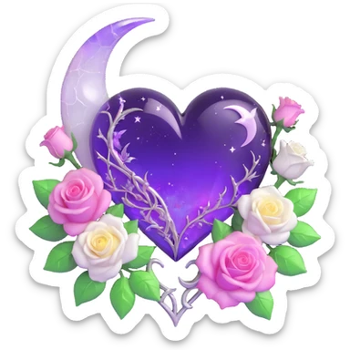 gothic heart made of translucent violet glass, silver crescent moon, white roses, holographic stardust, neon pink lightning, wet and cracked glass sticker