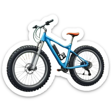 An icon featuring a forest trail or rocky mountain road. The background shows dense trees, steep slopes, and distant peaks under a clear blue sky with mountain bike with wide tires, positioned on  Transparent background highlights the thrill and rugged beauty of mountain biking. sticker