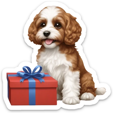 Brown and white cavapoo and gift box sticker