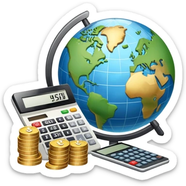 An icon featuring a calculator, a dollar sign, and a chart with upward trends, symbolizing economics. The design includes coins, bills, and a globe, representing global trade and financial systems. Transparent background highlights the study of markets, supply, and demand. sticker