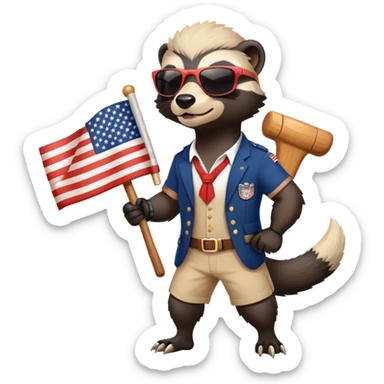 friendly anthropomorphised honey badger in USA Independence Day outfit, wearing sunglasses, carrying a club, dynamic pose sticker