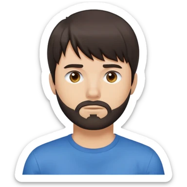 Man with dark brown straight hair and bangs, short beard covering whole face, neutral expression, basic blue t-shirt sticker