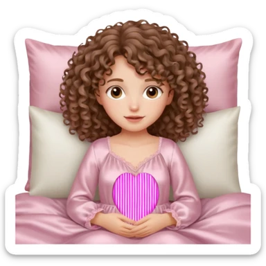 یه دختر مو فرفری با موهای موج دار که یه لباس خواب کرومی تنشه و خوبیده تو تختش sticker