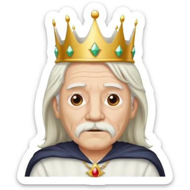 old man with long white hair and no moustache wearing a white shirt and a crown sticker