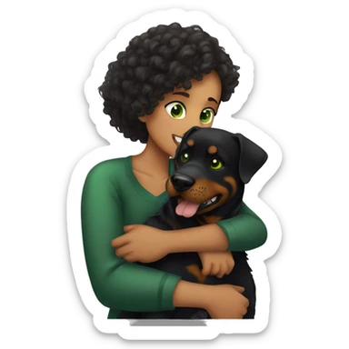 Rottweiler and a girl with curly hair and green eyes hugging sticker