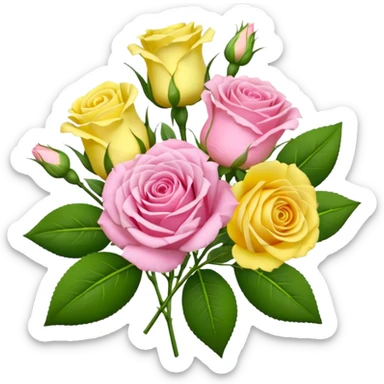 A mixed bouquet of four flowers, featuring pink roses and yellow lisianthus. sticker