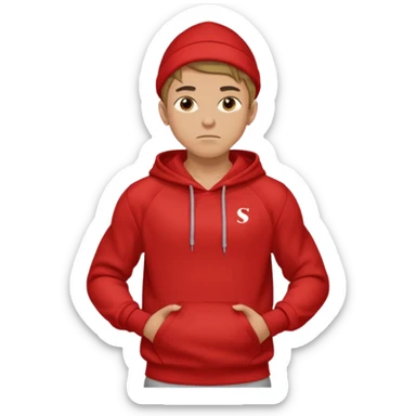 make me an emoji of an americain 19 yearold boy in a red hoodie that says "south" on it and give him with tan skin with his hands in his hands in his pocket not grining flexing his muscles sticker