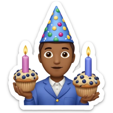 Blueberry Muffin celebrating birthday. Make sure it actually looks like a muffin with candles. Somebody holding it with party hat. Make it a man  sticker