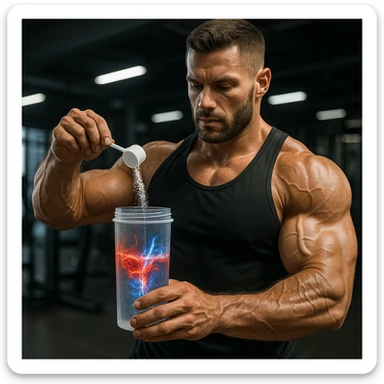 realistic and creative bodybuilder pouring Citrulline and Nitrates powder into a transparent shaker, visual effect of red and blue energy spreading in the liquid, muscles highlighted, modern gym atmosphere, detailed sticker