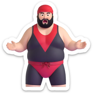 Extreme close-up of face of morbidly obese white skin guy with young face, prominent BLACK DURAG tied clearly on head, black beard but no mustache, clean shaven upper lip, black eyes in a red and black wrestling singlet with mouth wide open screaming angrily sticker