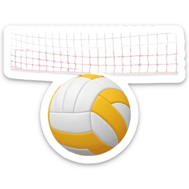 The background shows the stands filled with spectators, creating an energetic atmosphere of a volleyball match, with attention to detail on the equipment and the surrounding environment. A close-up of a volleyball on the court, with the net in focus and the court markings visible.  sticker