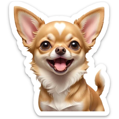 Cinematic Cute Yawning Fawn Short Haired Chihuahua Portrait Emoji, Head tilted slightly with a dramatic, wide-open yawn, soft fawn fur with a velvety texture, floppy ears slightly drooping, round dark eyes barely open in drowsy contentment, Simplified yet irresistibly adorable features, highly detailed, glowing with a soft, cozy glow, high shine, relaxed yet expressive, stylized with a touch of whimsy, bright and endearing, soft glowing outline, capturing the essence of a sleepy yet affectionate pup, so drowsy it feels like it could stretch right out of the screen and curl up for a nap! sticker