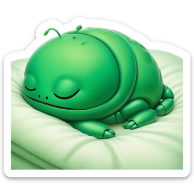 Meme-Worthy Cute Sleeping Green Bugdie Portrait Emoji, Head resting peacefully with a contented smile, showcasing a tiny, endearing build and a luxuriously smooth emerald exoskeleton, eyes shut in a serene nap, Simplified yet hilariously adorable features, highly detailed, glowing with a soft, drowsy light, high shine, relaxed and utterly lovable, stylized with an air of playful laziness, bright and heartwarming, soft glowing outline, capturing the essence of a comically sleepy insect, so meme-worthy it feels like it could instantly become the next viral sensation of adorable slumber! sticker