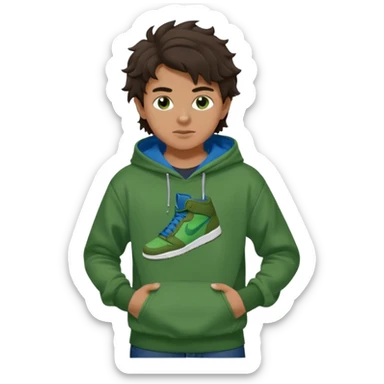 a 14 year old slightly tanned teenage boy with dark brown tousled wavy hair, dark brown eyes wearing a green tshirt, a dark green hoodie, blue jeans and green nike air jordans sticker