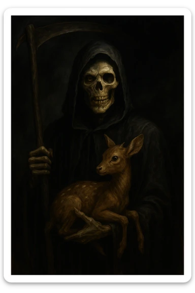 The grim reaper with a faun in his left hand, face split between skeleton and zombie, dark and mysterious atmosphere, dramatic and eerie style. sticker