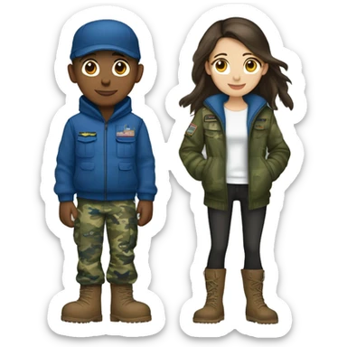 A boy wearing military uniform blue camouflage with his girlfriend that is brunette and wears a hoodie and uggs sticker