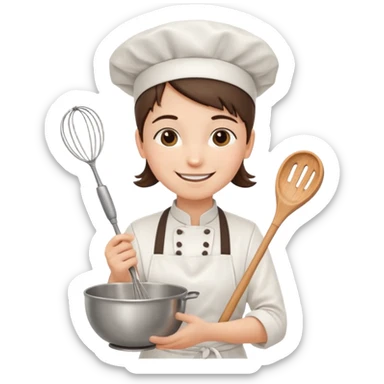 Young Pastry Chef – smiling, holding whisk and mixing bowl. sticker