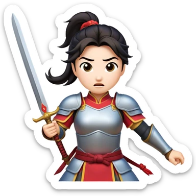 Cinematic Funny Mulan Portrait Emoji, Wearing her training armor too big, looking surprised as a sword nearly topples her over, a mix of warrior determination and hilarious inexperience, a comical yet endearing moment in her transformation! sticker