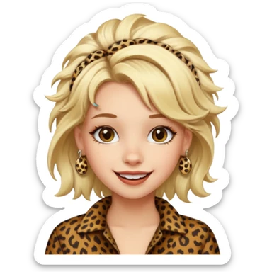 Une fille blonde et joyeuse. Elle porte une coiffure rock et originale avec des barrettes léopard et motif peau de vache. sticker
