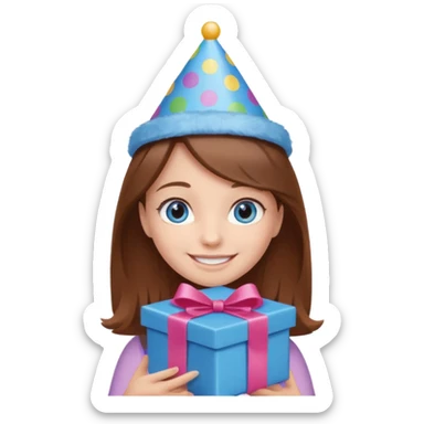 smiling girl with brown hair and blue eyes, holding a present and wearing a birthday hat sticker