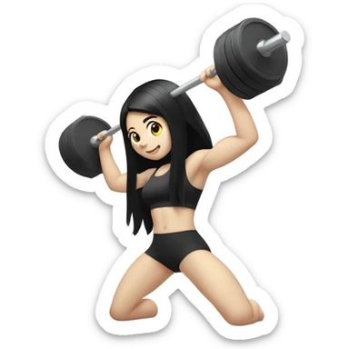Pale girl with long black hair lifting weights sticker