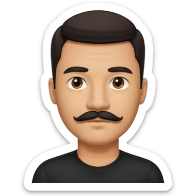 black shirt with mustache look, keep hair the same, remove the wrinkles sticker