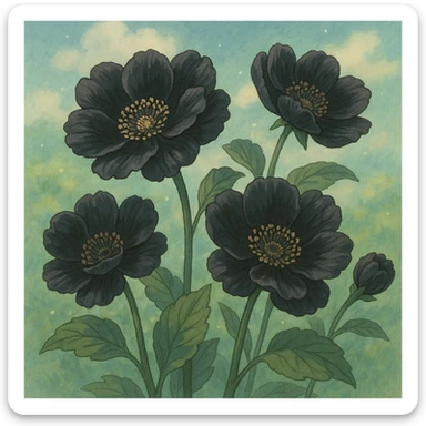 black flowers, ghibli style, detailed and soft sticker