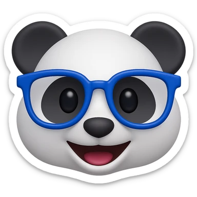 Create a 3D emoji of a panda face inspired by the classic panda emoji style, wearing stylish designer glasses in IK blue. The look should be playful and modern with a smooth 3D finish. Remove the background. sticker