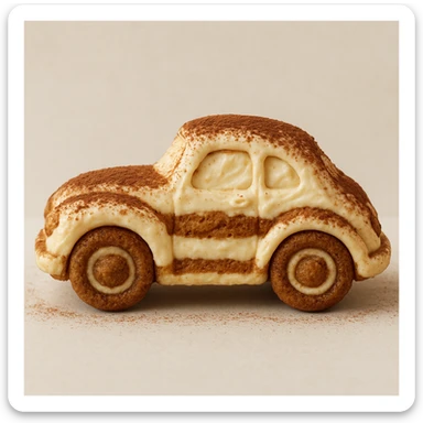 side view, adorable car made entirely of tiramisu, with a dusting of cocoa and creamy texture, dessert-inspired sticker