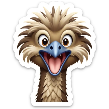 Cinematic Cute Yawning Emu Portrait Emoji, Head tilted slightly with a dramatic, wide-open yawn, showcasing a soft, downy brown plumage with gently drooping feathers and eyes barely open in drowsy contentment, Simplified yet irresistibly adorable features, highly detailed, glowing with a soft, cozy glow, high shine, relaxed yet expressive, stylized with a touch of outback charm, bright and endearing, soft glowing outline, capturing the essence of a sleepy yet affectionate emu, so drowsy it feels like it could stretch out of the screen and curl up for a nap! sticker