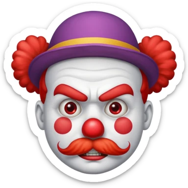 Angry clown — furrowed brow, mustache, tiny hat. sticker