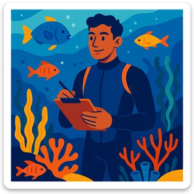 male marine conservationist in a wetsuit holding a clipboard surrounded by ocean life vibrant semi-realistic illustration style sticker
