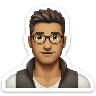 male, low fade hair with tufts, tan skin color, brown eye color, sharp nose, slightly large eyes, slightly thick eyebrows, wearing a vest, wearing glasses sticker