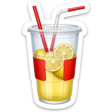 lemonade in a plastic cup without a lid and straw. the cup has a red label wrapped around sticker
