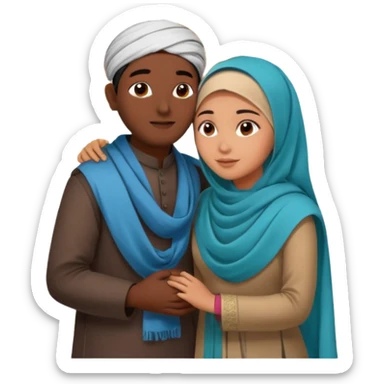 An emotional artistic illustration of an Indian man and an Afghan hijabi girl standing on the maps of India and Afghanistan, symbolically embracing each other  from in front side  despite the distance, showing love beyond borders. sticker