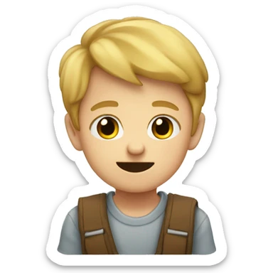 A boy pointing downwards with rubor sticker