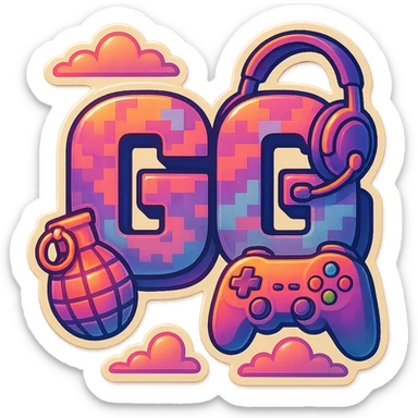Add a video game controller to the Call of Duty GG emote, maintaining the blocky text, digital camo, and grenade accent, with no background. sticker