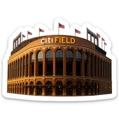 Create a cinematic, realistic emoji of the front facade of Citi Field Stadium in New York. The emoji should feature majestic, ornate architecture with lifelike detail, bright lighting, and the lights in its name sign lit. Use accurate colors and ensure the background is transparent. Reference the provided image for architectural accuracy and color. sticker