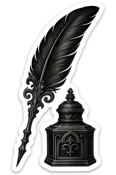gothic quill and ink bottle, black and silver, no background sticker