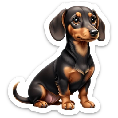 cinematic-[dachshund dog]-realistic-full-body-sitting-emoji,-tail-resting-loosely-beside-its-paws,-head-tilted-dramatically,-sleek-[black and tan]-fur,-simplified-yet-realistic-focused-features,-highly-detailed,-glowing-with-an-almost-sarcastic-glow sticker