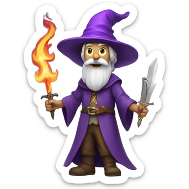 Wizard with a purple hat and a flaming dagger sticker