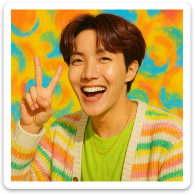 J-hope matching the pose, expression, and style of the second reference image, showing peace sign, big smile, vibrant background, colorful and lively style sticker