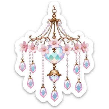 Hanging Iridescent pastel pink sakura crystals white-pearly suncatcher with a tiny bell chandelier sticker